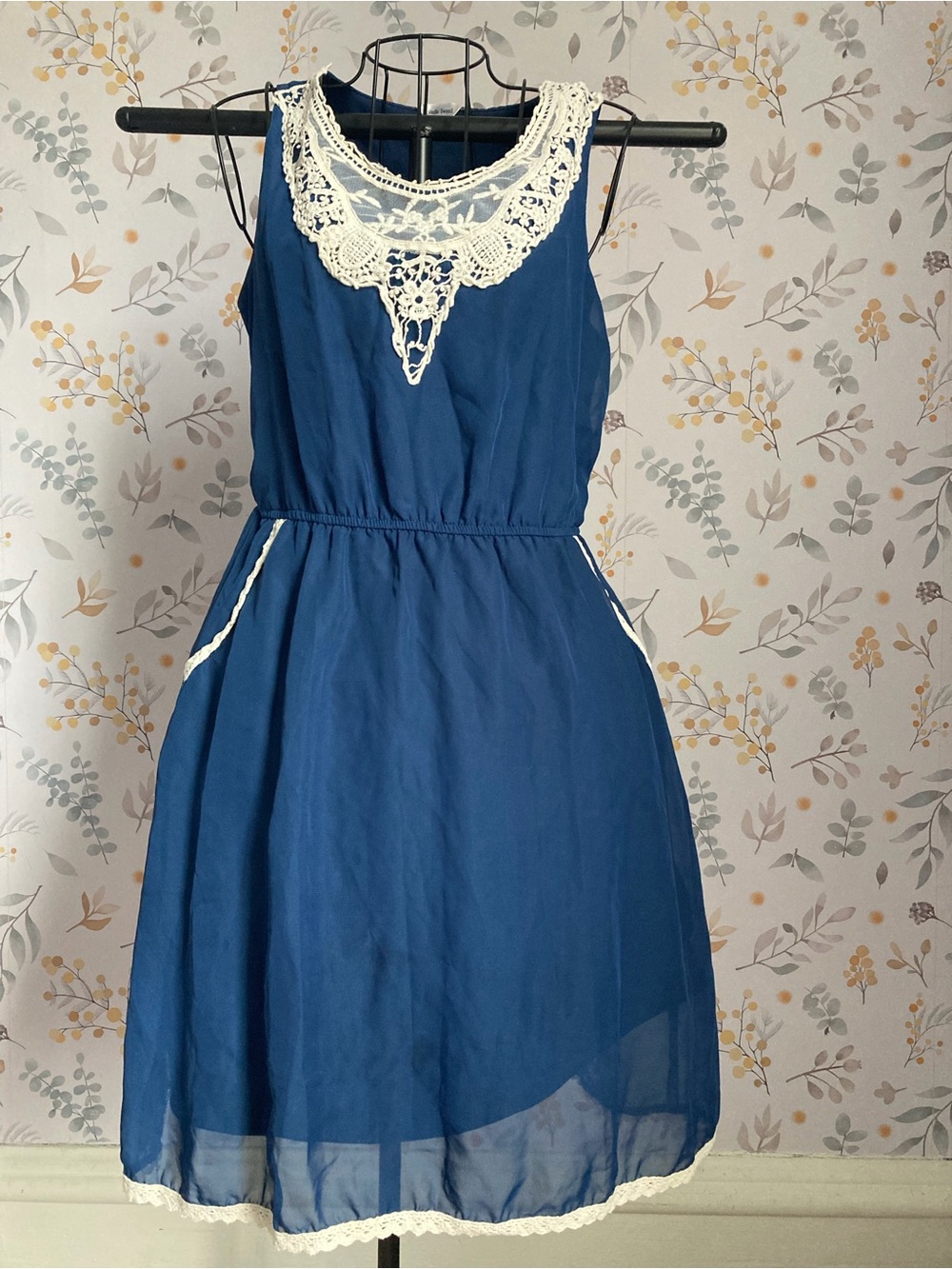 Stella Tweed Navy Slip with Cream Lace Trim